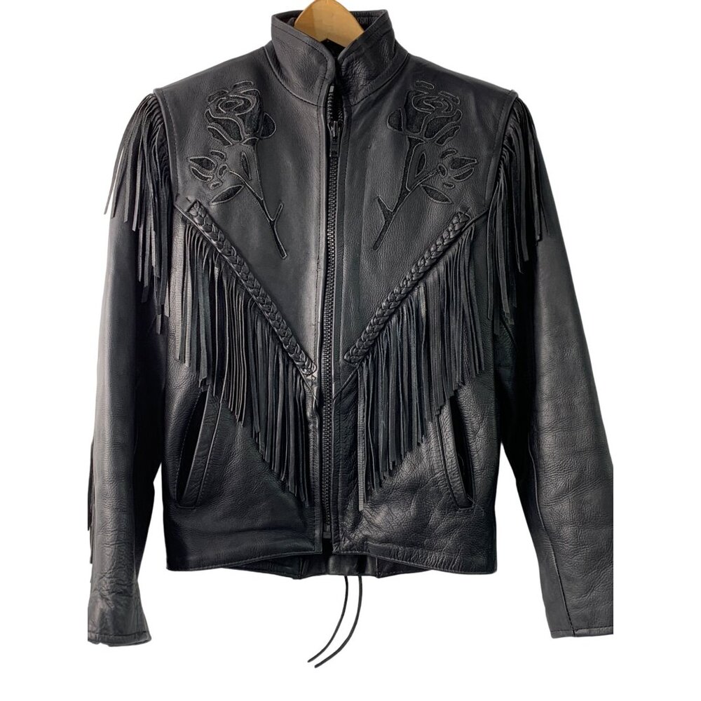 Shaf VTG 90s Moto Western Boho Corset Sz S Fringe Zip Away Lining Leather Jacket